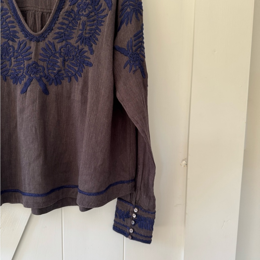 Free People Embellished Blue and Gray Long Sleeve Blouse - Picture 4 of 7